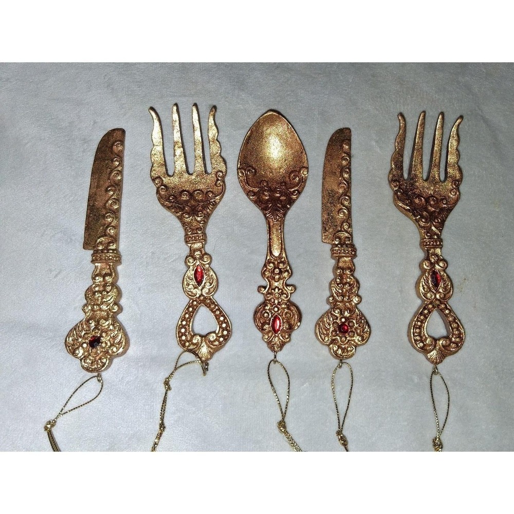 Vintage Gold Faux Silverware Christmas Ornaments Set of 5 Knife Fork Spoon Resin